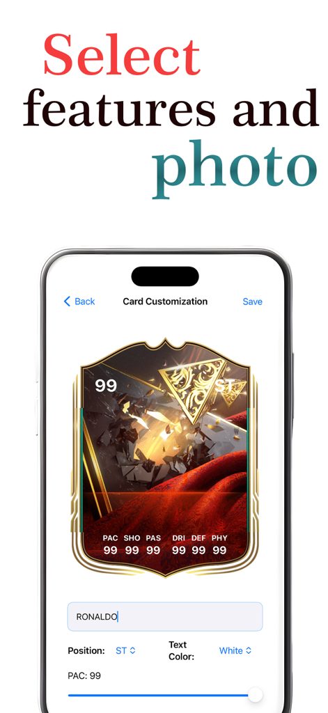 Interfaz de la aplicación Fut Card Creator para personalizar estadísticas y nombres de cartas de jugadores de fútbol