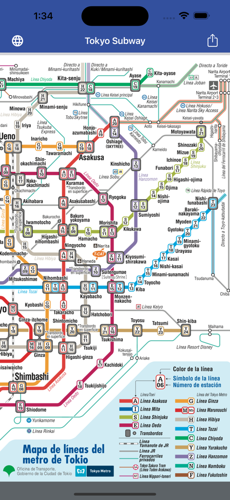 Tokyo Subway Map OFFLINE - Interfaz de la aplicación del mapa del metro de Tokio en español que muestra líneas de tránsito detalladas y leyenda de estaciones