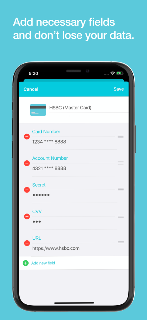 8Password - Password Manager - Interface of 8Password manager showing custom fields for a credit card entry