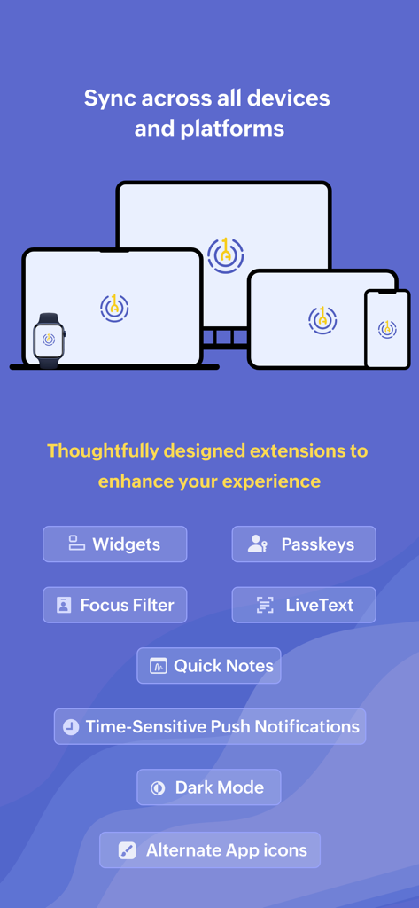 Authenticator App - OneAuth - Graphic showing OneAuth synchronizing across a laptop, desktop, tablet, phone, and watch with a list of iOS extensions like Widgets and Passkeys