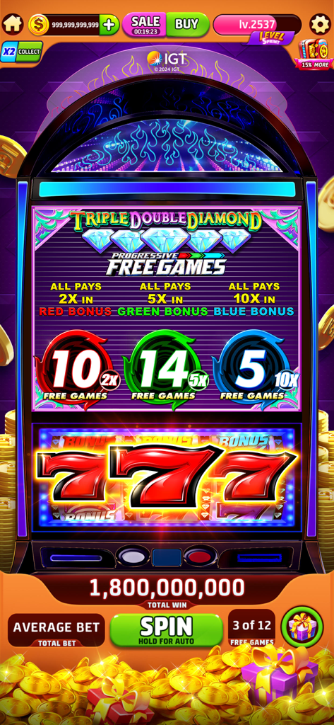 Máquina tragaperras Triple Double Diamond con combinación ganadora 777 en el juego de casino Jackpot Crush.