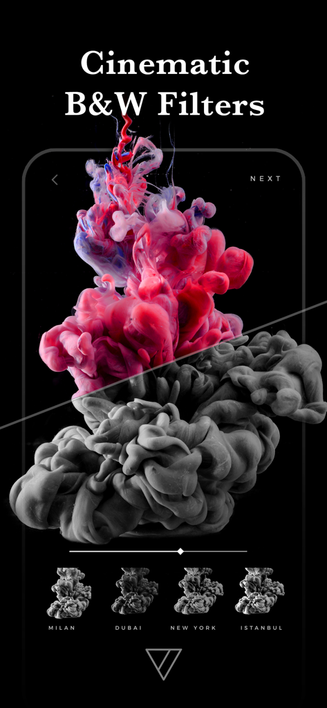 Carbon - B&W Filters & Effects - Carbon-App-Oberfläche mit cinematischen Schwarz-Weiß-Filtern auf einem farbigen Tintenspritzer