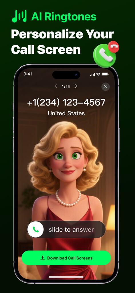 AI Ringtones：Ringtone Maker - Uma tela de iPhone mostrando um identificador de chamadas personalizado com um retrato em estilo de IA de uma mulher em um vestido vermelho
