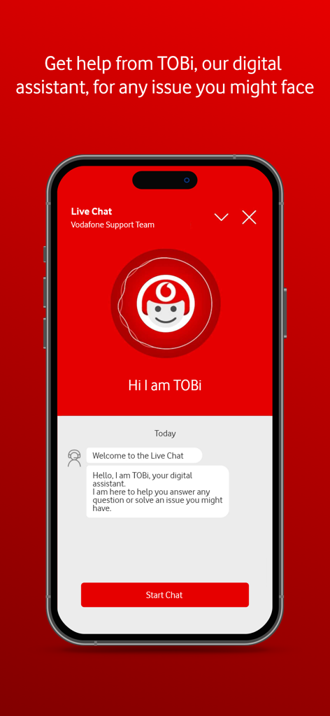 My Vodafone - My Vodafone app live chat screen featuring the TOBi digital assistant