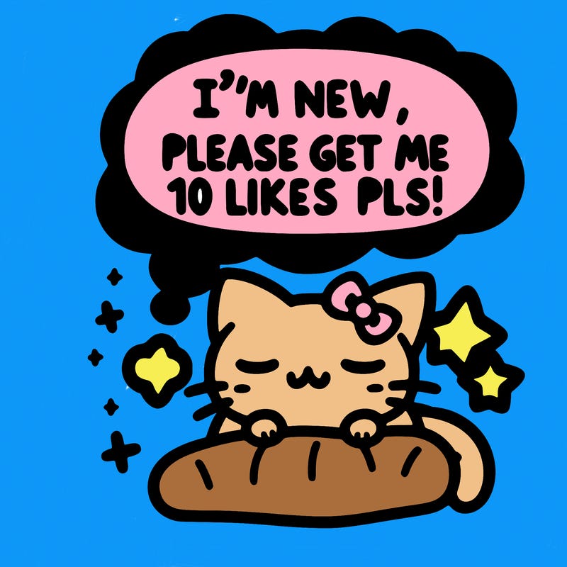kitty taking a nap dream talking and saying "i'm new, please get me at least 10 likes pls!!"