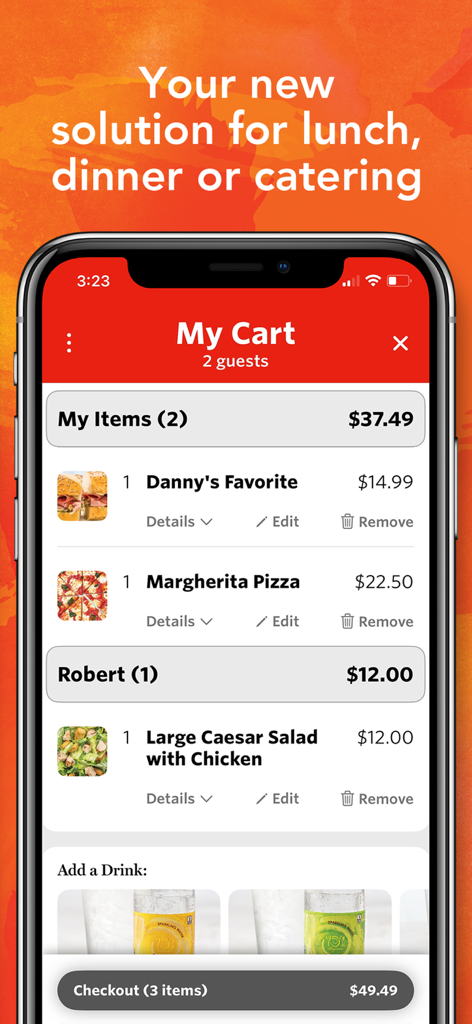 Wegmans Meals 2GO app shopping cart screen displaying a sandwich, pizza, and salad order for checkout.