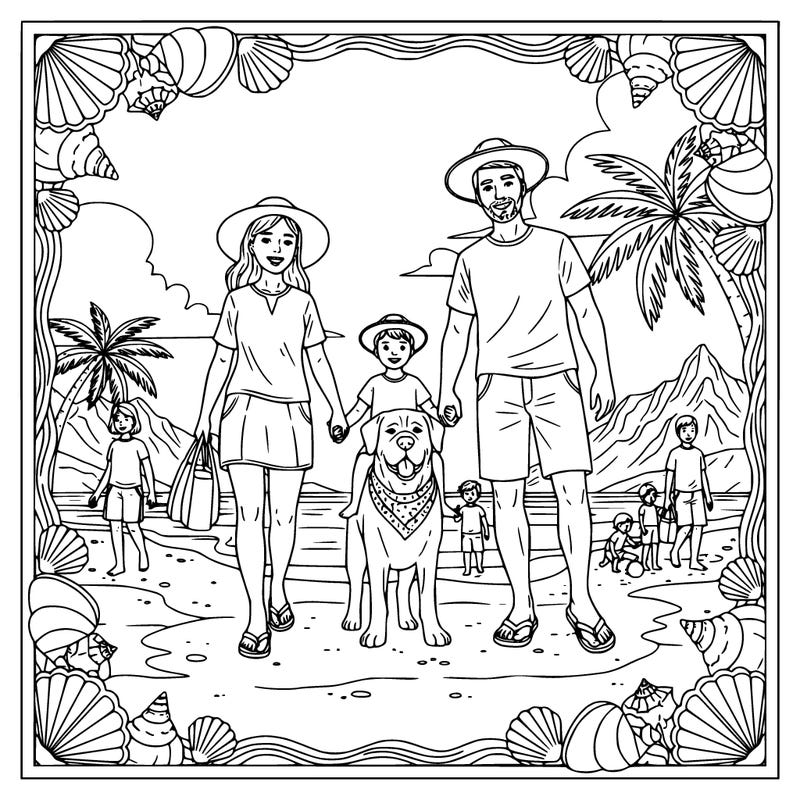 a family on vacation, at the beach or mountains,  wearing vacation clothes, other people in background,  their dog is there