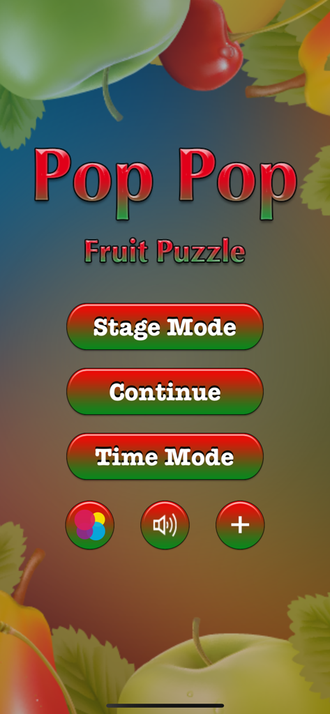 Menu principal do aplicativo Pop Pop Fruit Puzzle mostrando opções de modo de jogo contra um fundo frutado.