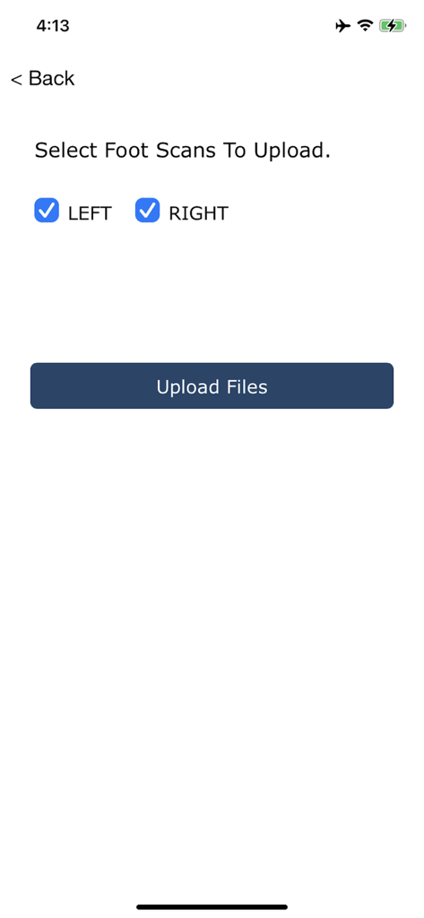 ped3D mobile - Screenshot des Bildschirms der ped3D mobile App zur Auswahl und zum Hochladen von Scans des linken und rechten Fußes
