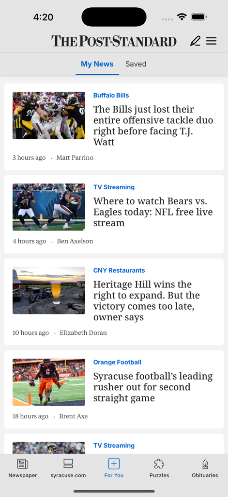The Post-Standard - The Post-Standard mobile app interface showing a feed of local news and sports articles for Syracuse and Central New York.