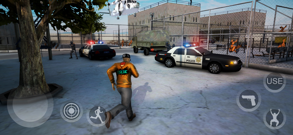 Gameplay screenshot showing a character running from police cars in a prison yard