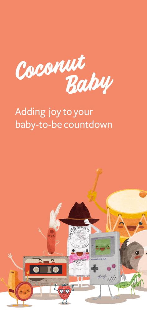 Pantalla de introducción del rastreador de embarazo Coconut Baby con ilustraciones de personajes juguetones como una Game Boy y seltzer duro