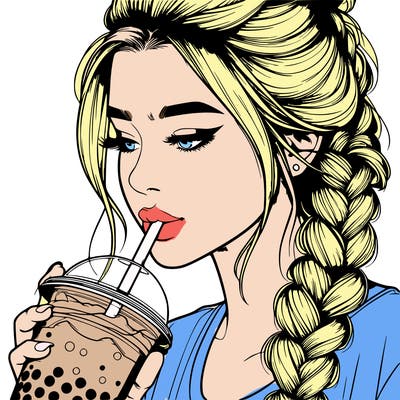 realistic girl drinking boba tea with braided hair