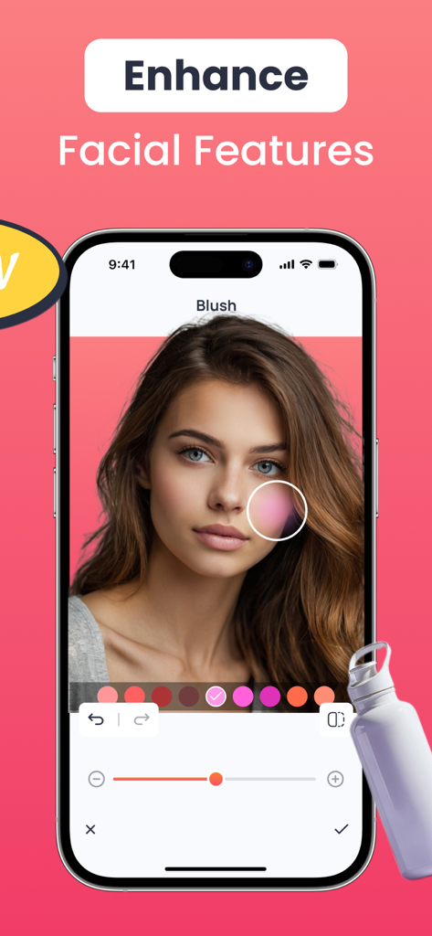 Photo Edit, Body & Face Editor - Interfaz de aplicación móvil que muestra una herramienta de retoque facial inteligente aplicando colorete en la mejilla de una mujer para mejorar el rostro.