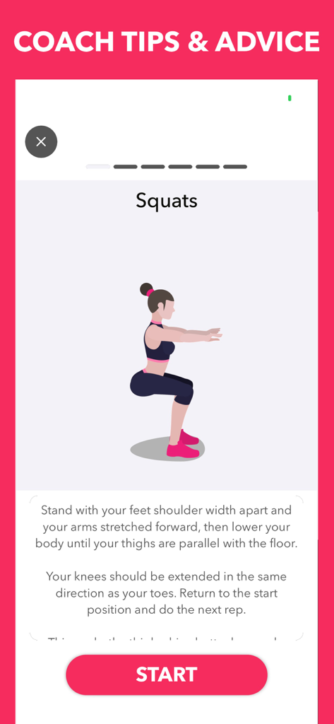 Easy Home Workout Women NO GYM - Woman performing squats with coach tips and advice in the Easy Home Workout app