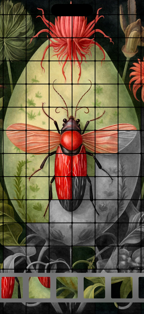 Fliese Puzzles: Tile Matching - Una ilustración de un escarabajo rojo dibujado a mano dentro de la interfaz del puzle de emparejamiento de azulejos basado en cuadrícula de la aplicación Fliese