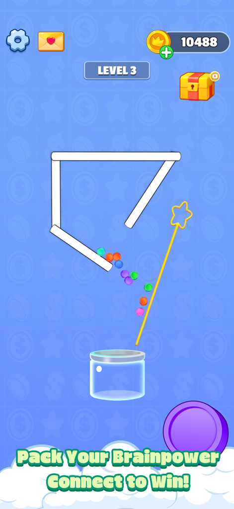 Color Coin Pack - A physics puzzle gameplay screen showing colorful coins falling into a glass jar after a pin is removed