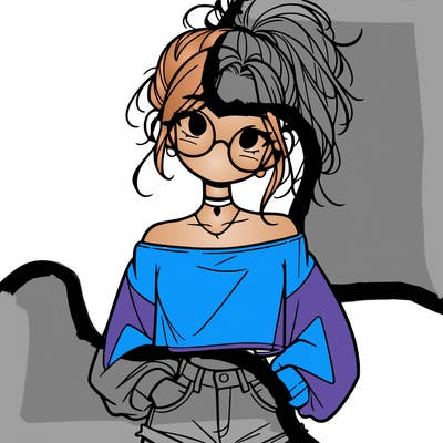 girl with a messy ponytail glasses a baggy crop top and jean shorts