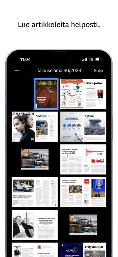 Talouselämä - A mobile screenshot of the Talouselama app displaying a grid of pages from its digital magazine replica.