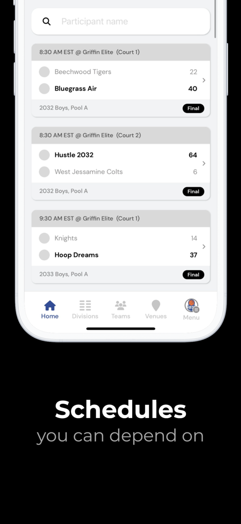 Interfaccia dell'app mobile Exposure Events che mostra calendari e punteggi di partite di tornei sportivi giovanili.