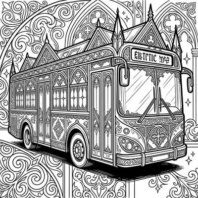 Discover a truly unique fusion with our Gothic Electric Bus coloring page. This intricate design blends modern transit with dark, ornate Victorian aesthetics for a captivating artistic experience.
