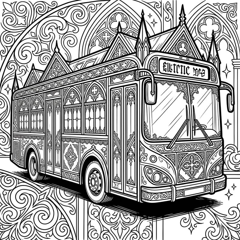 Discover a truly unique fusion with our Gothic Electric Bus coloring page. This intricate design blends modern transit with dark, ornate Victorian aesthetics for a captivating artistic experience.