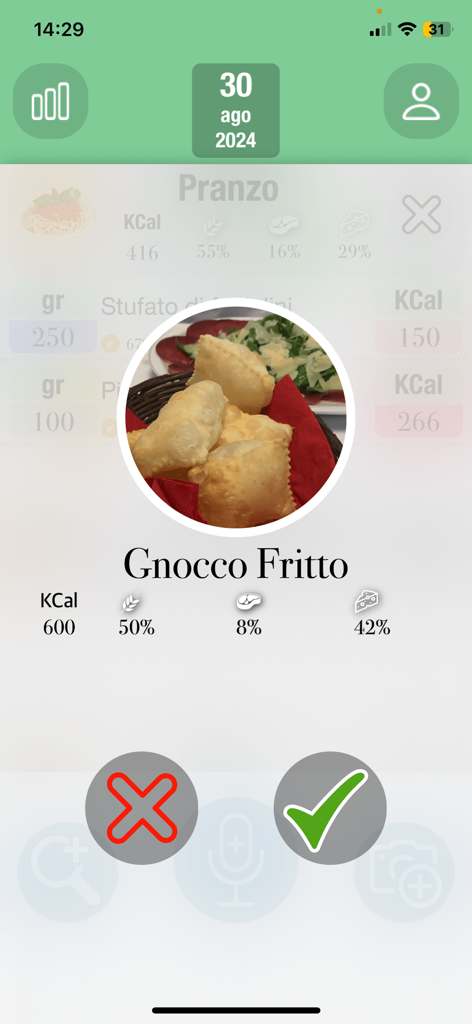 Calorie Tracker & Fasting AI - Interfaz de la aplicación que muestra el reconocimiento de alimentos por IA con el desglose de calorías y macronutrientes.