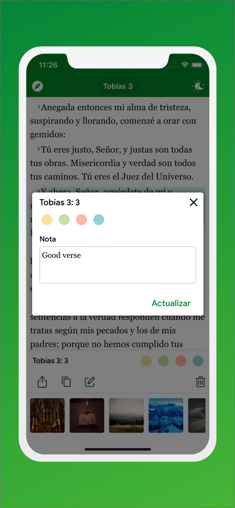 La Biblia de Jerusalen - Captura de tela do aplicativo Bíblia de Jerusalém mostrando a opção de adicionar notas e fundos para compartilhar versículos.
