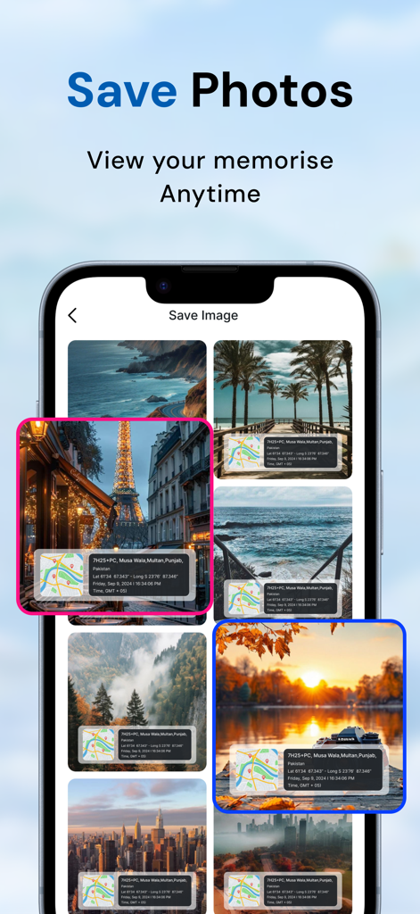 Un écran de smartphone montrant une galerie de photos de voyage avec des horodatages de localisation et d'heure.