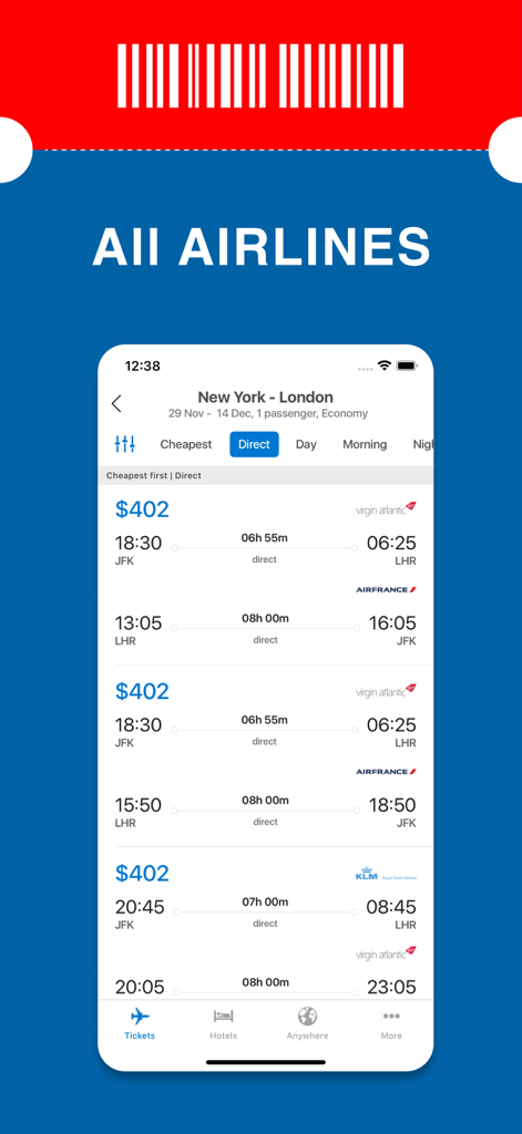 Plane & Airline Tickets - Mobile app interface showing flight search results from New York to London with various airline prices and schedules.