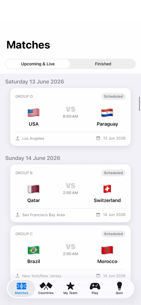 Soccer 2026 app interface showing a list of upcoming matches with team flags and locations