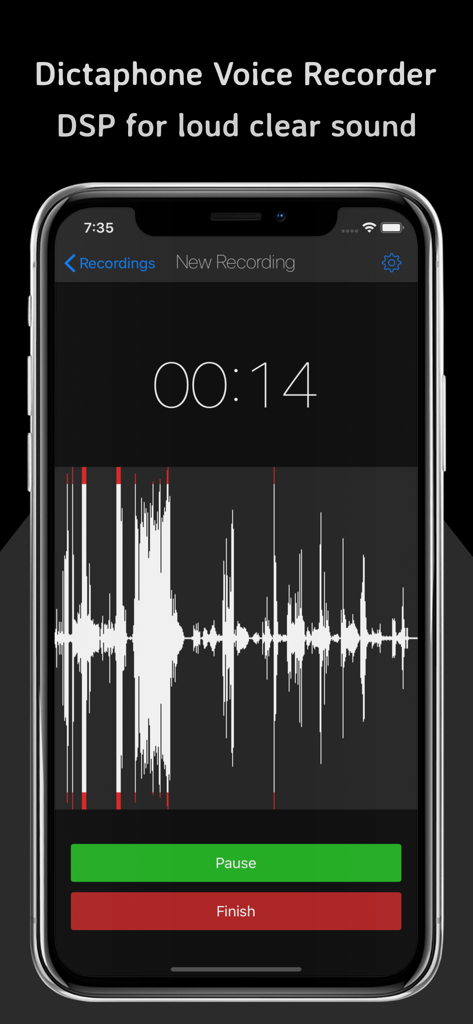 Dictaphone Voice Recorder - Dictaphone Voice Recorder app interface showing an active audio recording with a digital waveform and timer