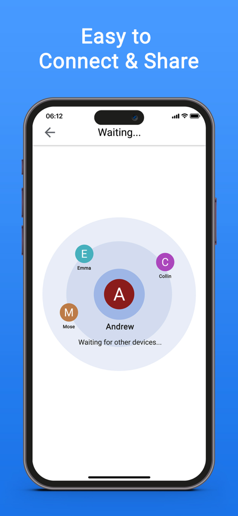 Interfaz de la aplicación Share que muestra una pantalla de radar buscando y conectándose a dispositivos cercanos para la transferencia de archivos.