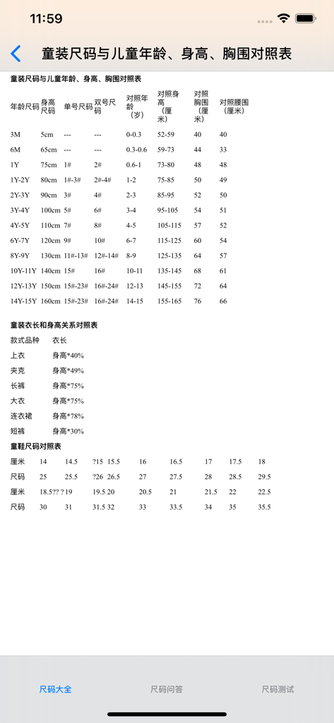 尺码大全-童装|男装|女装 - Comprehensive size chart for children clothing and shoes based on age and height