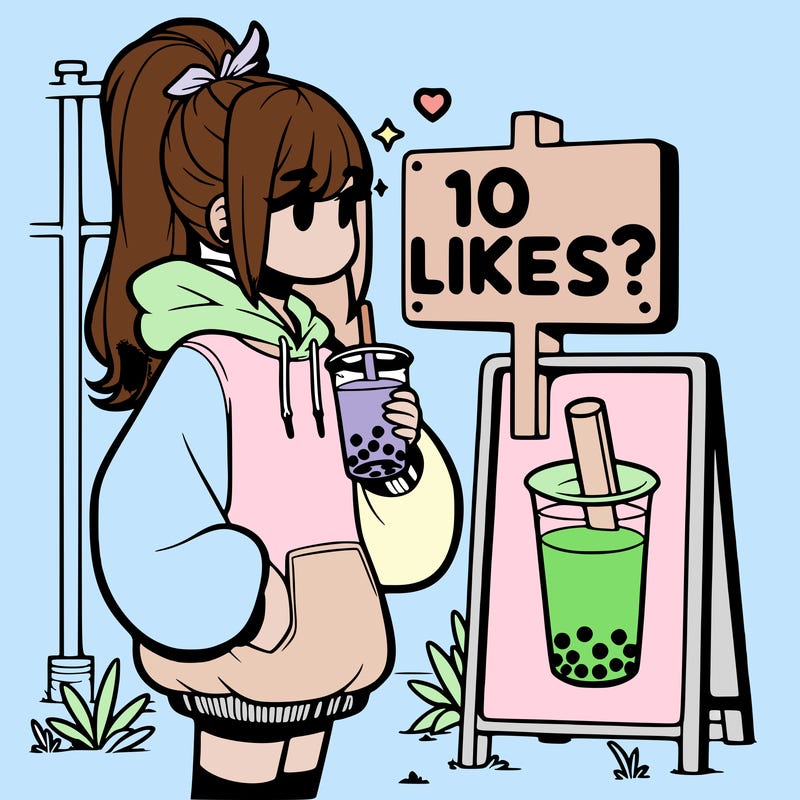 girl with oversized hoodie drinking boba and she has a high ponytail with a sign that says 10likes?
