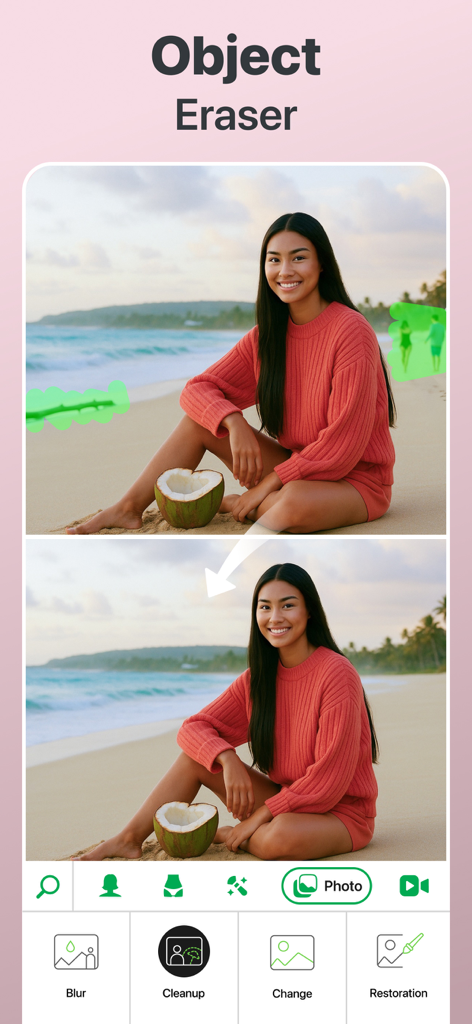 Comparação antes e depois do recurso de apagador de objetos removendo pessoas e itens indesejados de uma foto de praia