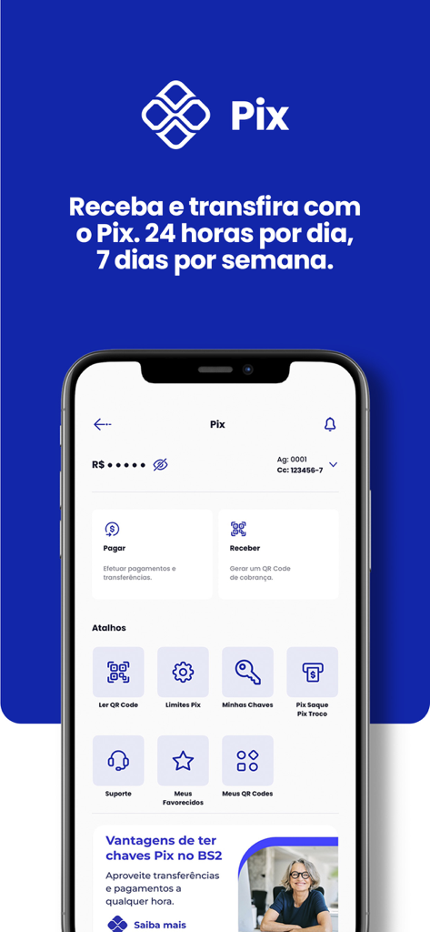 Interface of the Banco BS2 app showing Pix payment and transfer options