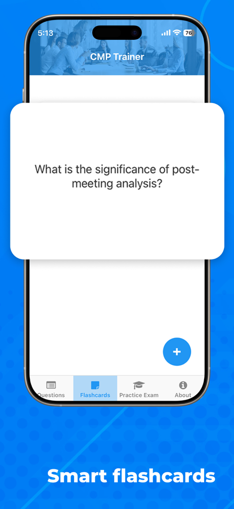CMP Trainer Pro - CMP Trainer Pro app showing a smart flashcard with a question about post-meeting analysis