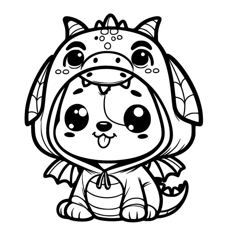 show me a pic of a cute dog, wearing a dragon hoodie