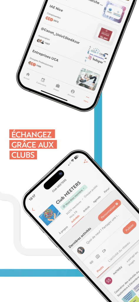 UniCA & moi - Mobile screens of the UniCA and moi app showing professional groups and alumni club activities