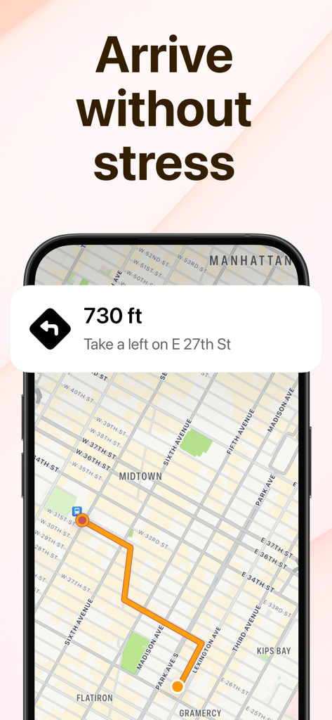 Oko navigation app interface displaying a city map and walking directions for independent travel