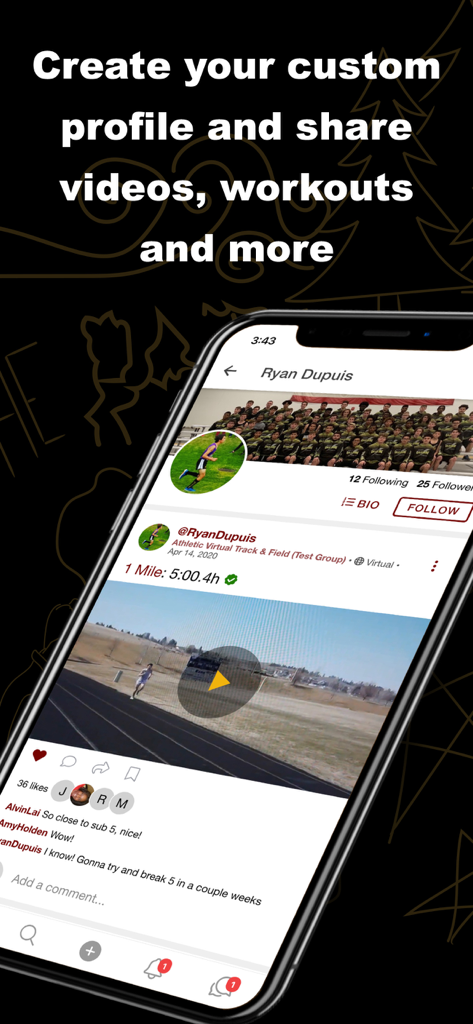 Athletic APP interface showing a custom athlete profile with shared workout videos and team social interaction