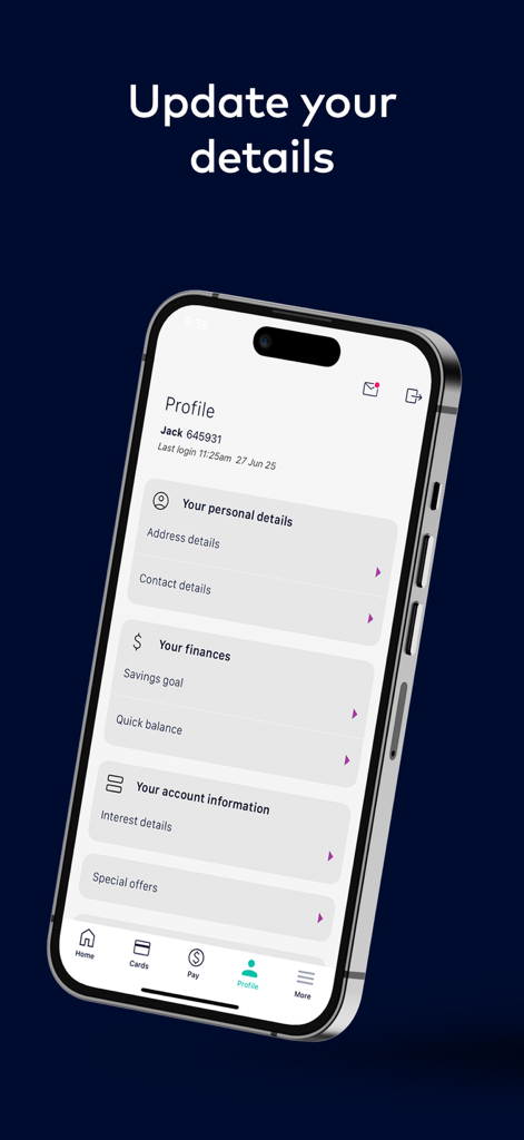 Bank of us - Profile screen of the Bank of us app for managing personal details and financial goals