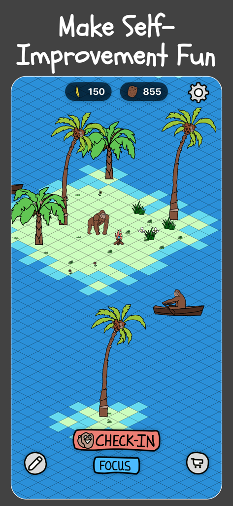 Monke - Habit Game - A screenshot of the Monke Habit Game app showing a tropical island world with monkey characters and a focus timer button.
