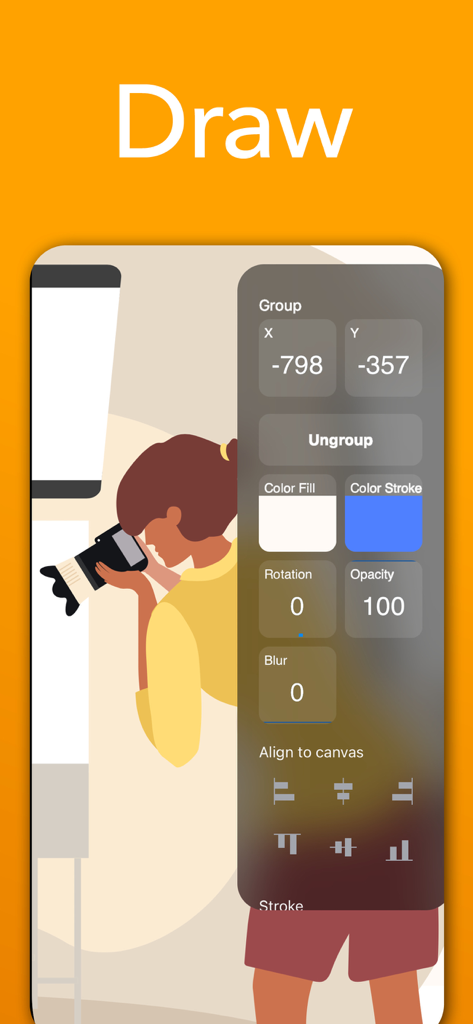 SVG Vector Editor Sketch Maker - SVG Vektoreditor-Oberfläche, die Designwerkzeuge und Ausrichtungsoptionen für Vektorillustrationen anzeigt.