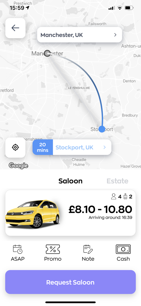 Satellite Taxis Cork - Pantalla de smartphone que muestra la aplicación Satellite Taxis Cork con una ruta de mapa de Stockport a Manchester y una estimación de precio de sedán amarillo
