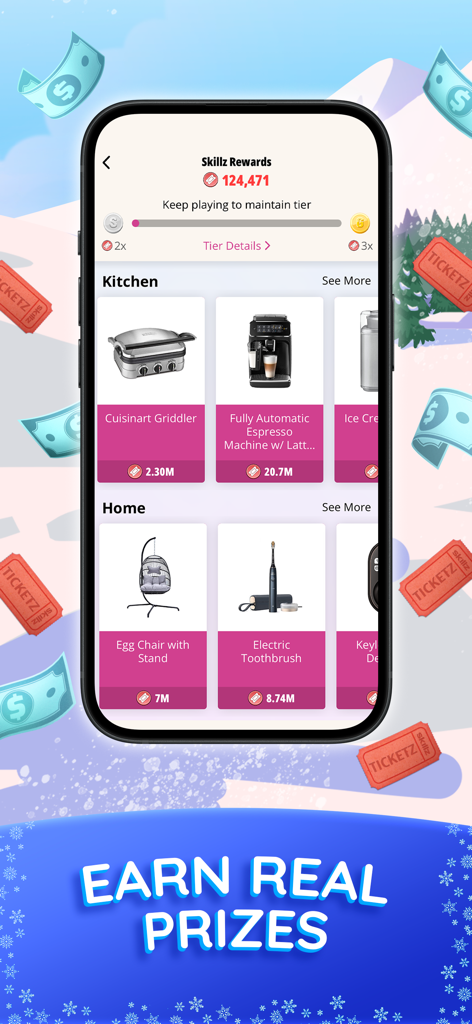 Skillz Rewards store in Blackout Bingo showing various physical prizes like kitchen appliances and home furniture available for redemption