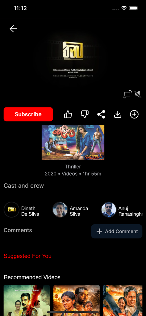 THINA - The THINA app interface showing details for a Sri Lankan thriller movie named Sheleena.