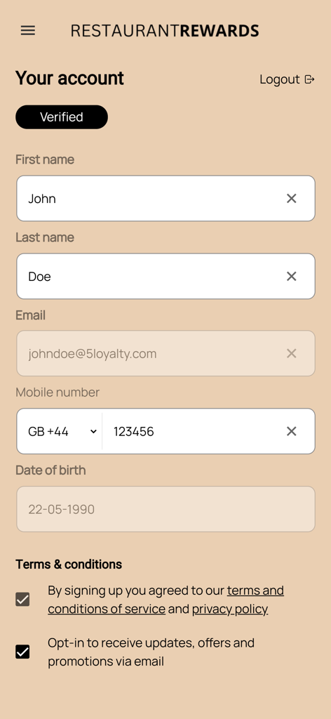 Restaurant Rewards by DRG - The account details screen of the Restaurant Rewards by DRG mobile app showing a user profile.