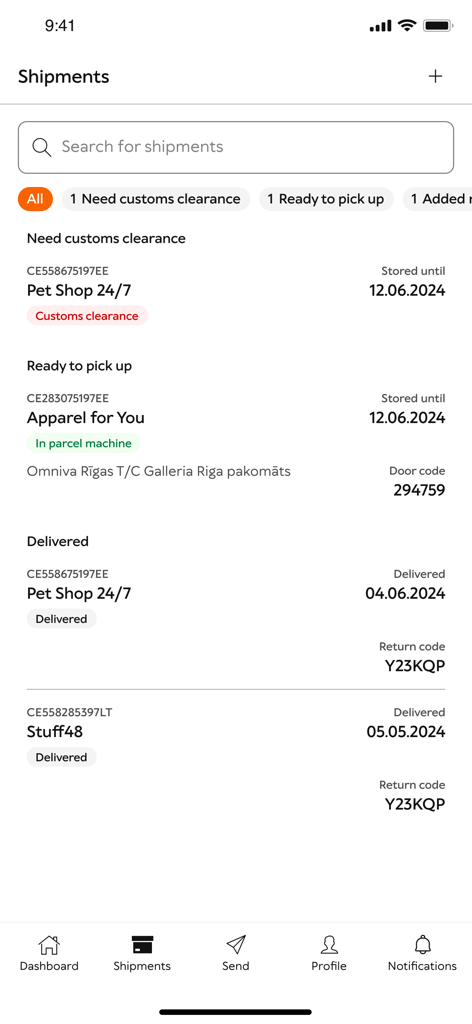 Omniva Mobile - Omniva Mobile app interface showing a list of tracked shipments with statuses like customs clearance and delivered